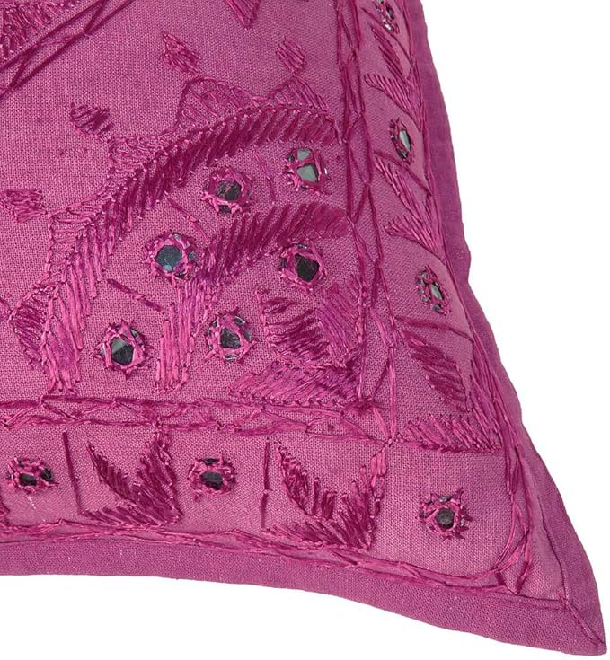 Eyes of India Embroidered Decorative Boho Throw Pillow Cover with Mirrors, Handmade Bohemian Accent Cushion Case for Sofa Couch Bedroom Living Room (Burgundy, 24" x 24")-Ruum Studio Home
