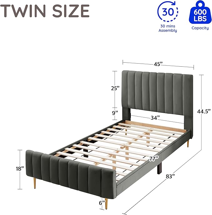 Livinia Twin Size Elton Velvet Platform Bed, Upholstered Bed Frame with Vertical Channel Tufted Headboard Footboard, Strong Wood Slats, No Box Spring Needed, Gray (Twin)-Ruum Studio Home