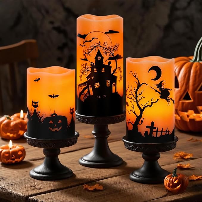 Wondise Halloween Rechargable Flickering Flameless Candles with 6H Timer, Battery Operated LED Real Wax Candles with Charging Base Set of 3 Halloween Home Decoration Gifts(3 x 4 5 6 Inch)-Ruum Studio Home