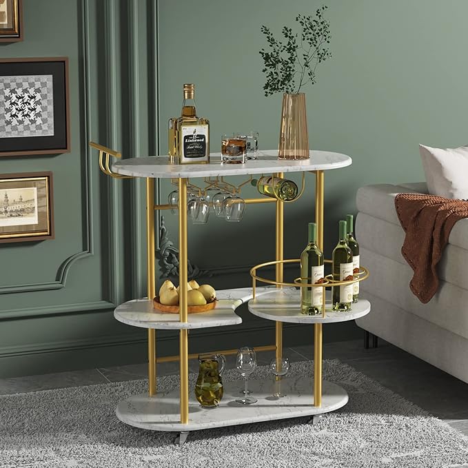 Gold Bar Carts with 4-Tier Storage Shelves, Mobile Bar Serving Cart with Wine Rack and Glass Holder, for The Home, Kitchen, Living Room, Dining Room-Ruum Studio Home