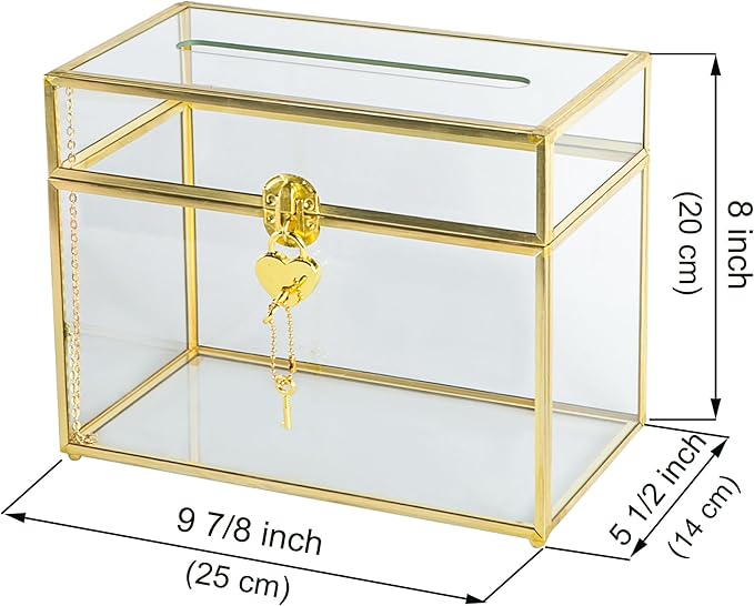 Glass Wedding Card Box with Slot, 10.2 inch Clear Card Box Gold Brass Gift Card Storage Box with Lock Perfect for Wedding Receptions, Baby Shower, Birthday Party, Bridal Shower-Ruum Studio Home