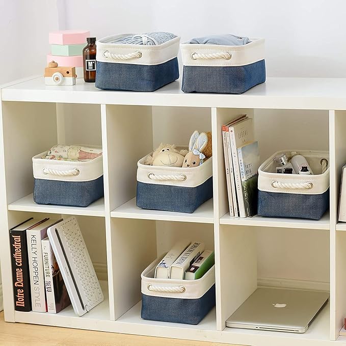 TheWarmHome Storage Basket for Organizing - Small 12x8x5.2 inch 6 Pack Collapsible Storage Bin for Shelves, Canves Storage Cubes for Organizer Cloth Box Gift Toys Closet (White & Jean Blue)-Ruum Studio Home