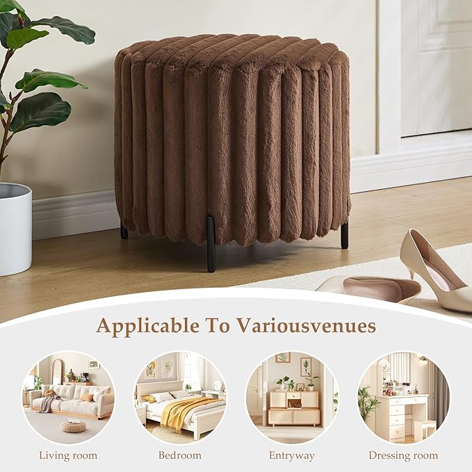 Furniliving Modern Round Ottoman, Large Size Bedroom Ottoman Footstool Round Ottomans Stool for Living Room, Bedroom, Makeup Room, Brown, Faux Fur-Ruum Studio Home