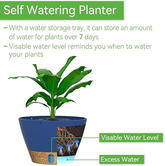 ZMTECH 8 Inch Hanging Planters for Indoor Plants, Hanging Baskets for Plants Outdoor with Visible Water Level, Hanging Flower Pots with Drainage Holes & Removable Tray(2 Pack, Blue)-Ruum Studio Home