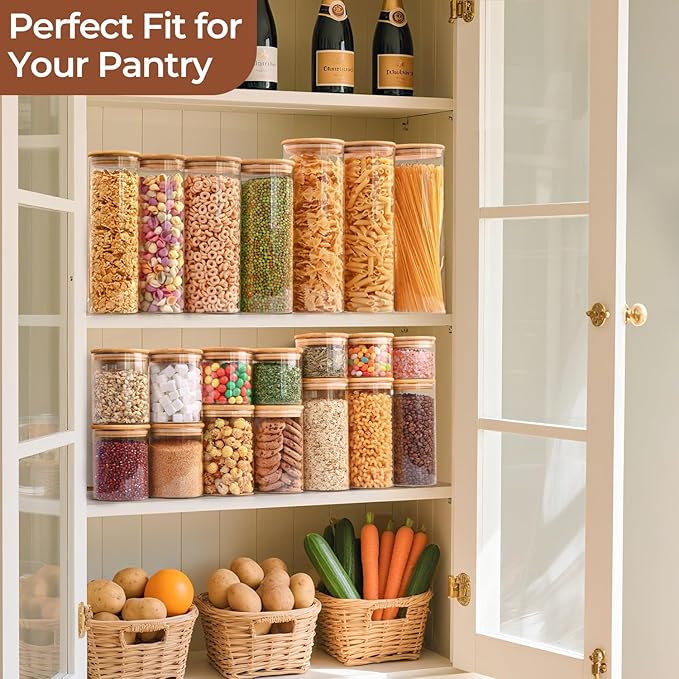 ComSaf Glass Spaghetti Pasta Storage Container with Lids 2 Qt Set of 3, Tall Clear Airtight Food Storage Jar with Wood Cover Kitchen Pantry Storage Container for Noodles Flour Cereal Coffee Beans-Ruum Studio Home