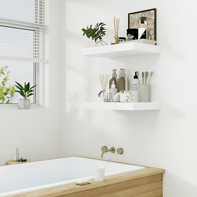 Heimlove 12" Deep White Floating Shelves for Wall, 24 Inch Wall Shelf Bathroom Shelves Set of 1, Wall Mounted Shelves for Books Living Room Laundry Room Bedroom Kitchen Home Office-Ruum Studio Home