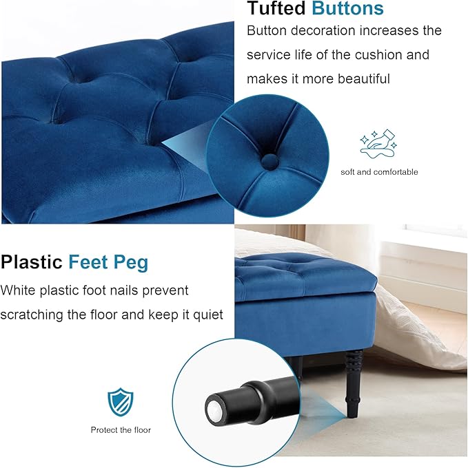 Ottoman with Storage Velvet Storage Bench Holds Up to 500 lbs Ottomans Upholstered Bench with Seating for Bedroom, Living Room, Blue-Ruum Studio Home