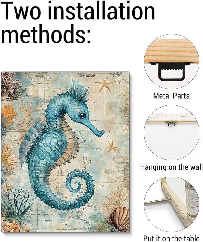 Nautical Seahorse Canvas Wall Art Sea Horse Ocean Theme Print Poster Coastal Framed Picture Painting for Home Beach House Bedroom Wall Decor 8x10 Inch-Ruum Studio Home