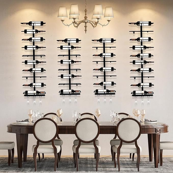 10 Bottle Wall Mount Wine Rack with Wine Glass Holder, Metal Wine Wall Rack, Wall Racks for Wine Bottles Display and Storage, Hanging Bottle Organizer for Living Dining Room Wine Cellar Bar (Black)-Ruum Studio Home