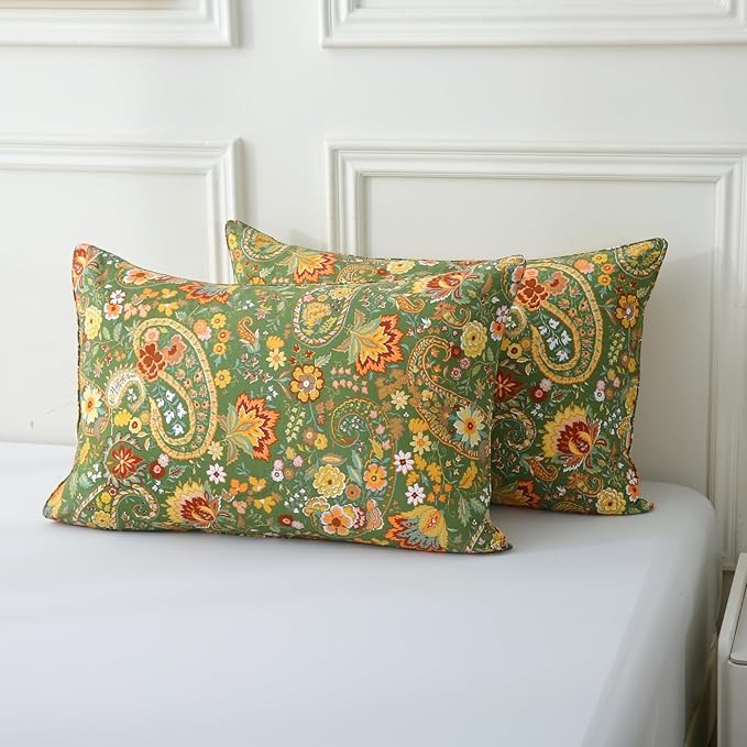 ABREEZE Paisley Bedding Sets 3Pcs Brushed Cotton Duvet Cover Set Queen Size Rustic Damask Green Floral Comforter Cover with Zipper Closure Boho Bedding Collections-Ruum Studio Home