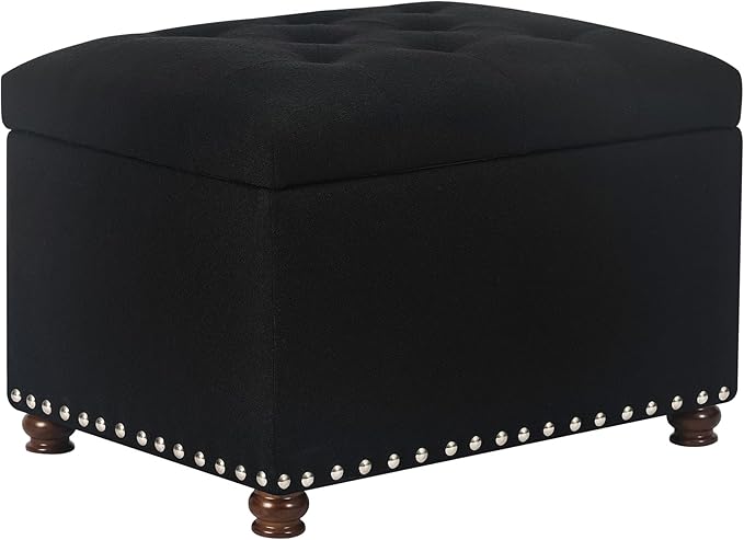 Joveco Storage Ottoman Bench, Rectangle 24″ Linen Foot Rest Stool Square Footstool for Living Room, Bedroom, Black-Ruum Studio Home