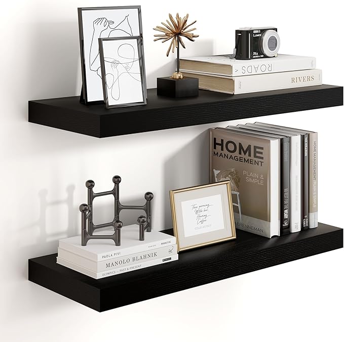 Heimlove 24 inch Floating Shelves for Wall,9.3 inch deep Black Wood Shelves with Invisible Brackets,Wall Mounted Storage & Display Shelves for Bedroom,Living Room,Set of 2-Ruum Studio Home