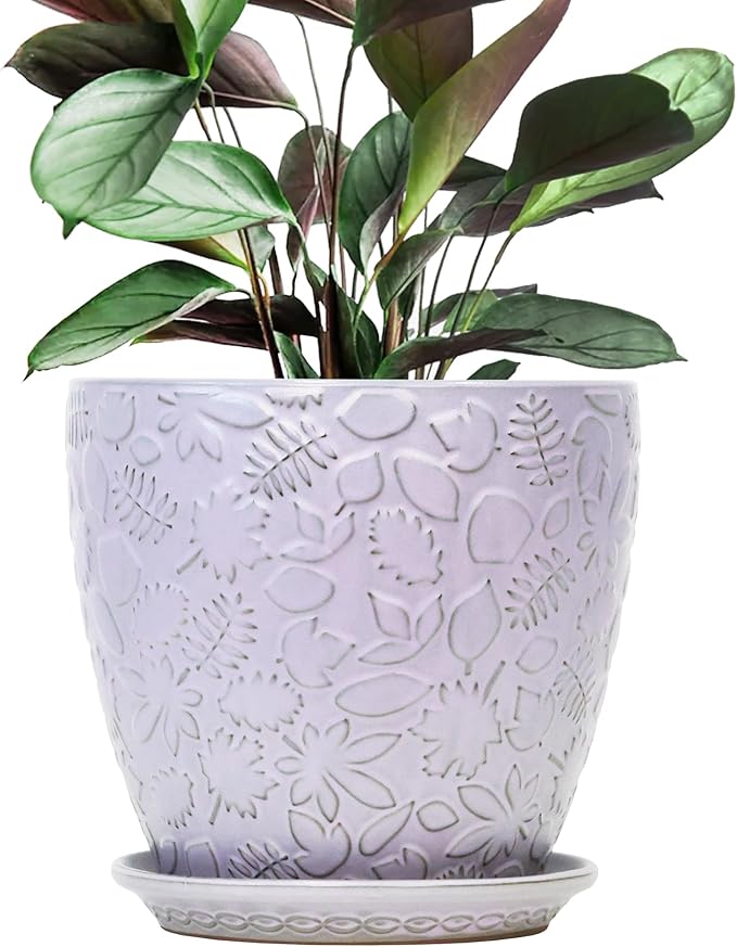10inch Retro Ceramic Planter with Drainage Hole and Saucer for Multiple Plants, Indoor-Outdoor Garden Pots for Succulent, Orchid, and Flower (Fits Inner Pots Up to 9 Inch, Retro Purple)-Ruum Studio Home