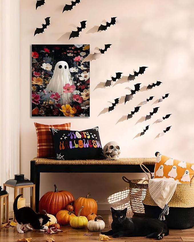 Halloween Canvas Wall Art,Vintage Cute Ghost & Wildflowers Framed Poster, Spooky Fall Decorations for Indoor, Gothic Dark Academia Wall Decor, Funny Halloween Decorations for Living Room Bedroom-Ruum Studio Home