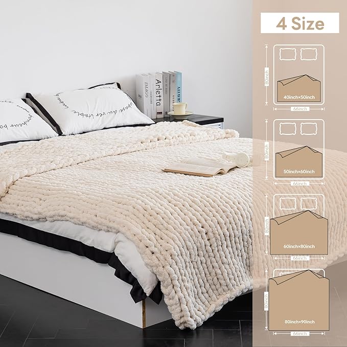 Chunky Knit Blanket - Luxury Soft Cozy50 * 60 Throw Blanket,100% Woven Blanket Rope Knot Throw Blanket for Couch, Sofa, Home Decor, Gift - Machine Washable（Cream）-Ruum Studio Home