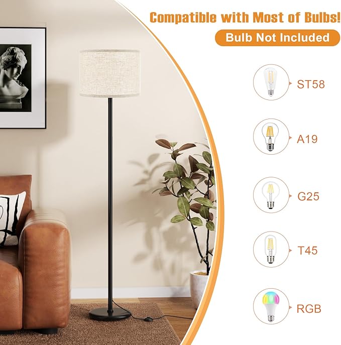 Ambimall 61'' Modern Floor Lamp with Shade, Tall Lamps for Living Room, Bedroom, Office, Dining Room, Beige Shade with Black Pole(Without Bulb)-Ruum Studio Home