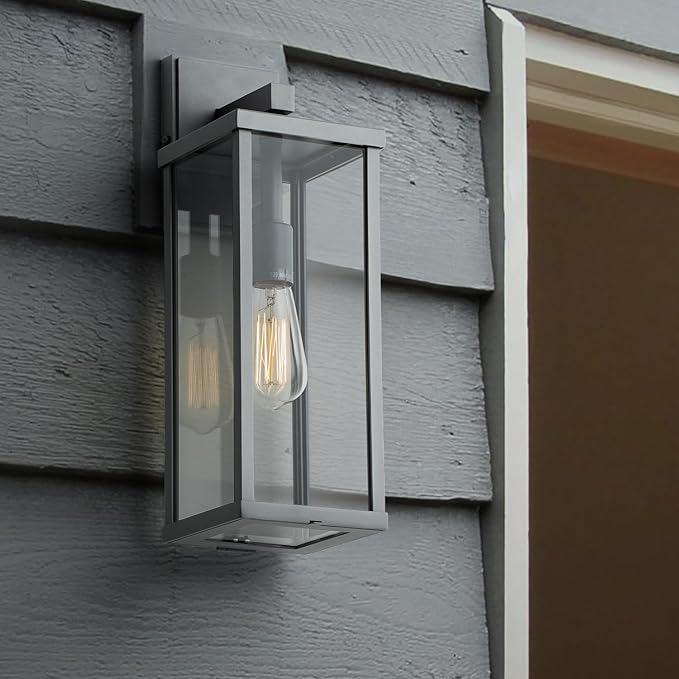 mirrea 18" Classic Outdoor Wall Sconce 1 Light in Matte Gray Rectangular Metal Frame and Clear Glass Shade Waterproof Porch Light Patio Light Pack of 2-Ruum Studio Home