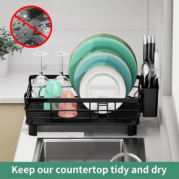 MOUKABAL Dish Drying Rack, Dish Rack, Stainless Steel Dish Racks for Kitchen Counter, Dish Drainer with Removable Utensil Holder, Drainboard (Black)-Ruum Studio Home