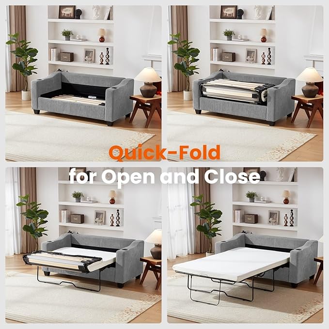 CHIC HOUSE Pull Out Sofa Bed, Full Size Sleeper Sofa, 2-in-1 Convertible Corduroy Couch with USB Charging, Memory Form Couch for Living Room, Apartment and Small Space (Grey, Corduroy - Full Size)-Ruum Studio Home