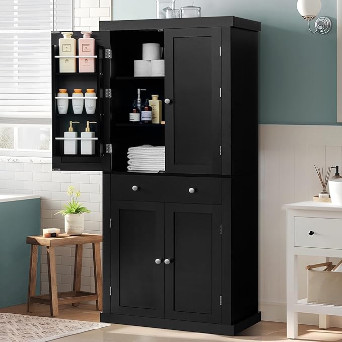 usikey 72” Kitchen Pantry Cabinet, Tall Storage Cabinet with 4 Doors and 1 Drawer, Freestanding Cupboard with 6 Hanging Shelves and Adjustable Shelves for Kitchen, Dining Room,Living Room, Black-Ruum Studio Home