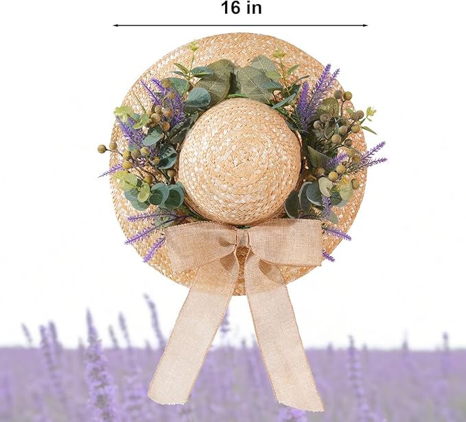 Dilicoming Spring Eucalyptus Wreaths for Front Door - 16 Inch Summer Fall Straw Hat Wreath with Bow, Women Gift, Indoor Outdoor Wreaths for Wall, Window, Farmhouse, Party, Holiday Home Décor-Ruum Studio Home
