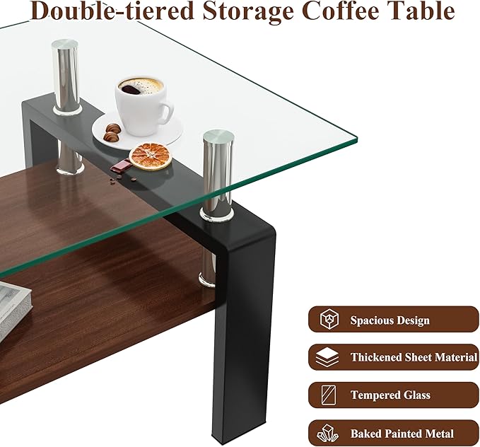Tempered Glass Coffee Table Rectangle Living Room Center Table, with 39" Clear Top and Brown MDF Layer Black Metal Leg, for Small Space Apartment, Transparent+Brown-Ruum Studio Home
