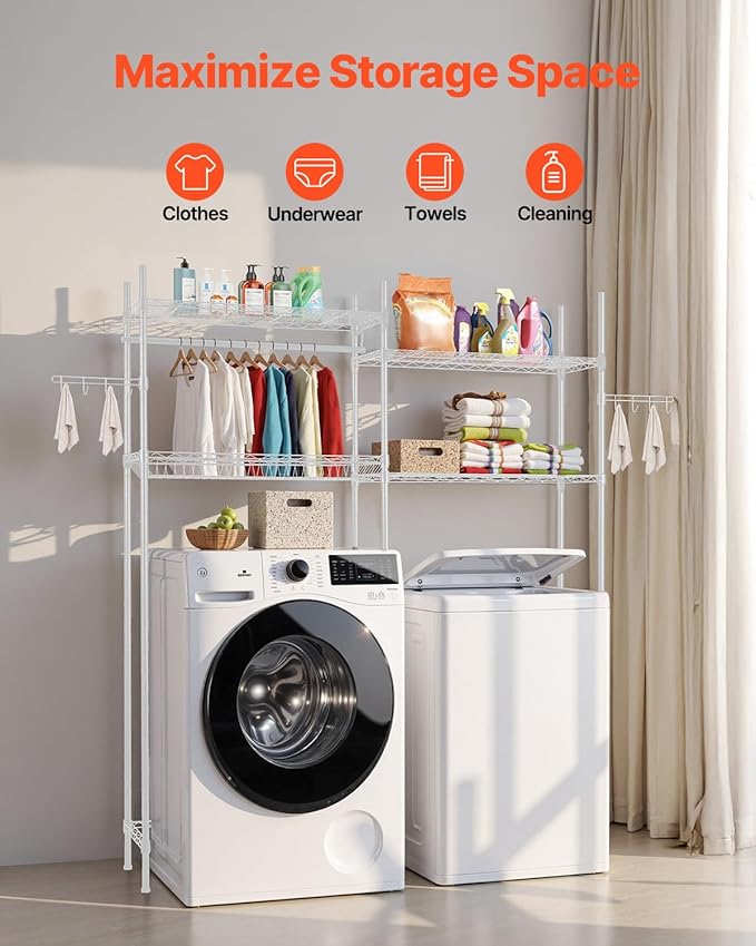 VEVOR Over The Washer and Dryer Storage Shelf, 4 Tier Laundry Room Drying Rack with Hanger Rod and Hooks, Adjustable Over Washer and Dryer Shelves, Laundry Room Shelf Storage Space Saver, White-Ruum Studio Home