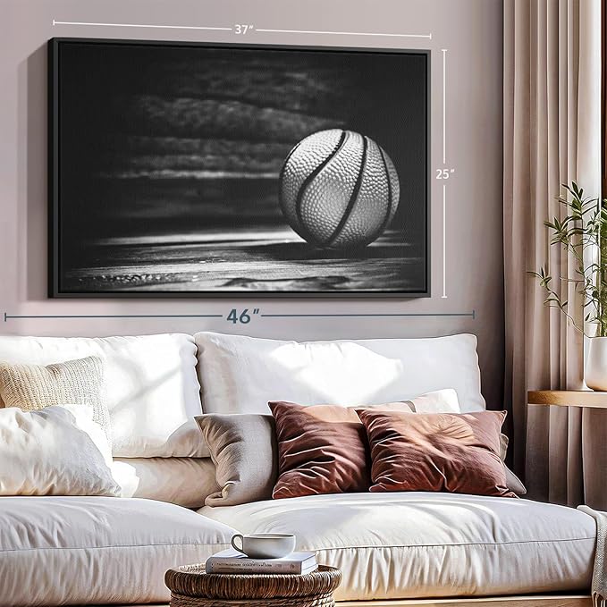 ElephantStock Basketball Wall Art - Horizontal Framed Canvas - 1-Piece Hallway Wall Decor - Photography sports Canvas Print - Black and Gray Decor for Wall - 37" X 25"-Ruum Studio Home