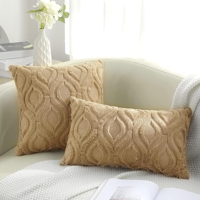 decorUhome Throw Pillow Covers 26x26 Inch Set of 2, Soft Plush Decorative Faux Fur Light Brown Solid Couch Pillow Covers, Accent Farmhouse Neutral Square Euro Pillow Cases for Sofa Bed Living Room-Ruum Studio Home