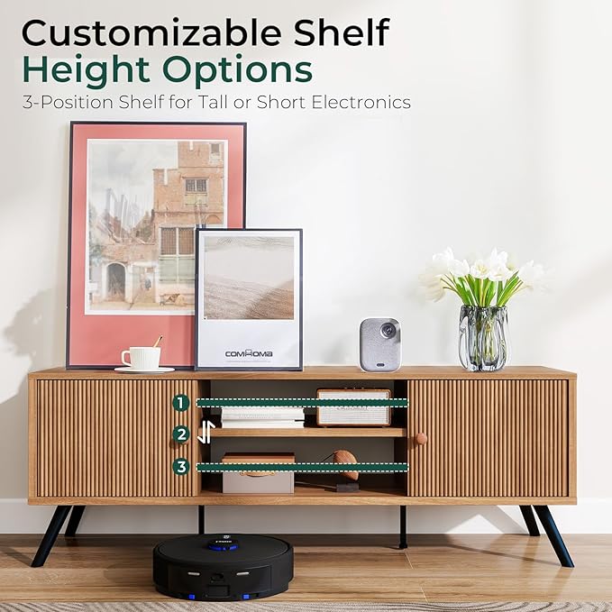 COMHOMA TV Stand for Living Room, Mid Century Modern Entertainment Center for 55/60/65 Inch TVs, Retro Brown TV Console with Fluted Door Cabinets and Open Adjustable Shelve Storage for Bedroom-Ruum Studio Home