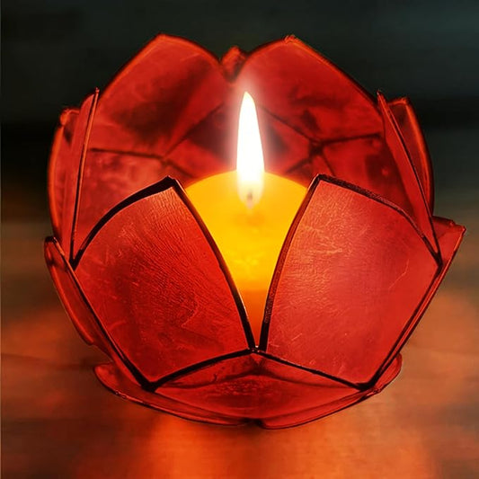 Blooming Lotus Capiz Shell Tealight Candle Holder, Handcrafted Decorative Tea Light Candleholder with Translucent Flower Petals for Ambient Illumination and Natural Elegance, Red-Ruum Studio Home