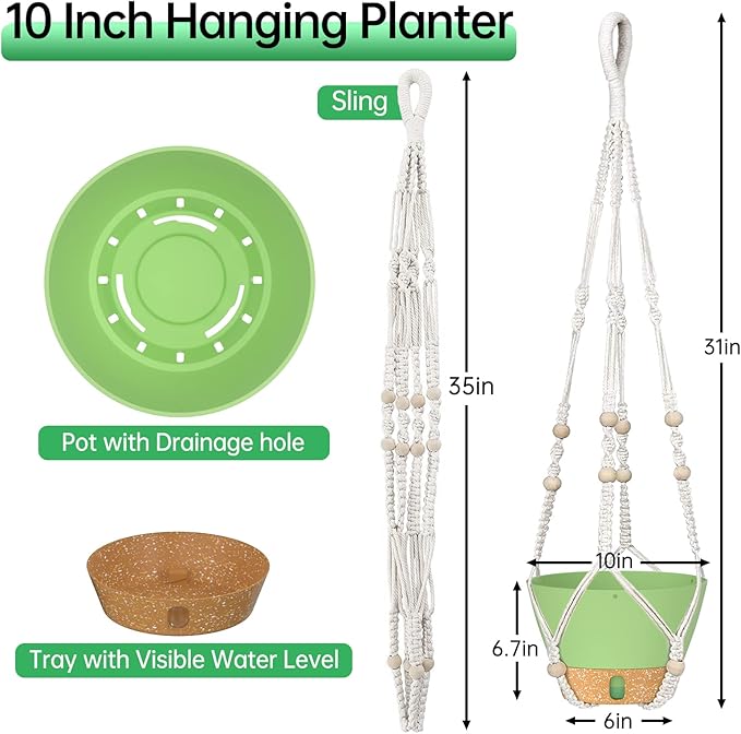 ZMTECH 2 Pack 10 Inch Hanging Planters with Macrame Plant Hanger for Indoor and Outdoor Plants, Self Watering, Drainage Hole, Visible Level Tray, Green-Ruum Studio Home