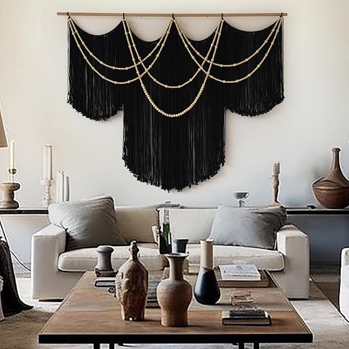 Macrame Wall Hanging Black Yarn Tapestry Home Decor Large Fiber Wall Art Living Room Bedroom Home Wall Decor 57" W x 43" L-Ruum Studio Home