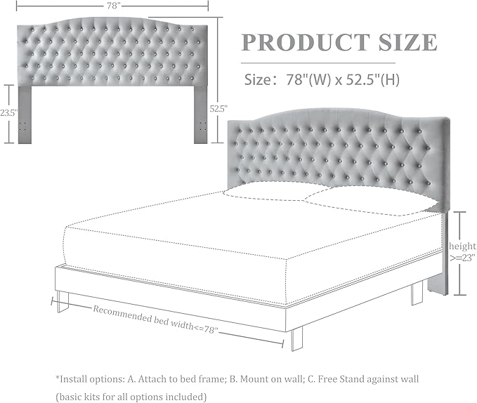 Velvet Upholstered Headboard King/Cal King Size Latest Model Wall Mount, Bed Frame Mount, Featuring High-Density Sponge Padding, Luxury Texture Easy Assembly and Style-Light Gray-Ruum Studio Home