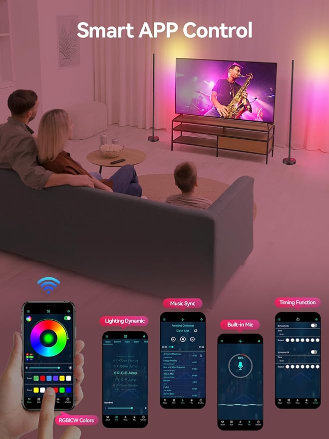 Smart RGBICW LED Corner Floor Lamp - 16 Million DIY Colors, 68+ Scenes, Music Sync, App & Remote Control, Color-Changing Ambient Lighting for Living Rooms, Bedrooms, and Gaming Rooms-Ruum Studio Home