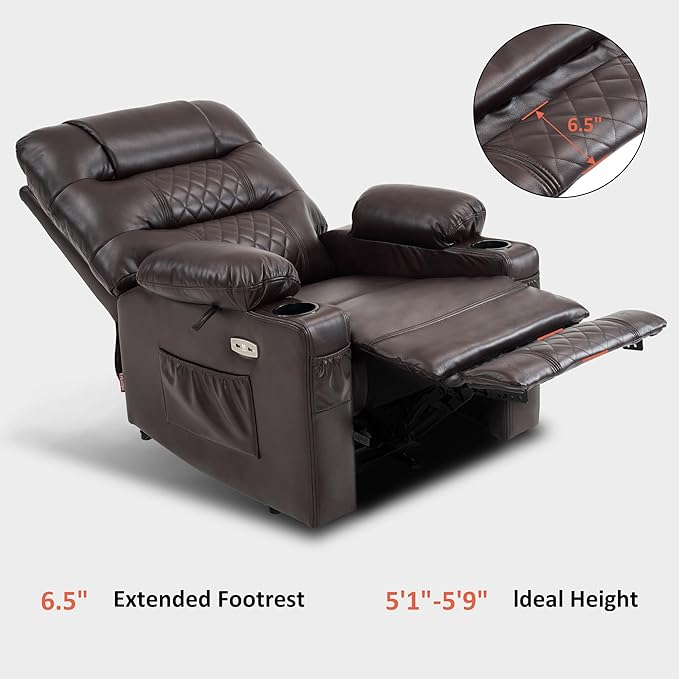 MCombo Zero Gravity Power Recliner Chair with Heat and Vibration Massage, Reclining Chair with USB Ports, Cup Holders for Living Room, Faux Leather PR621 (Brown)-Ruum Studio Home