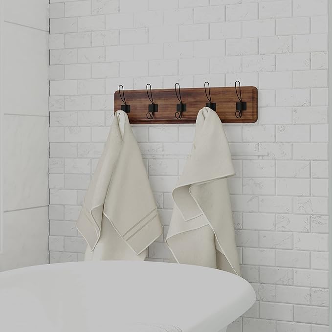 HBCY Creations Dark Wash Brown Rustic Coat Rack Wall Mount with 5 Hooks, Solid Pine Wood 24 inch Wall Hooks for Entryway, Mudroom, Hallway, Bathroom - Vintage Farmhouse Style Wall Mounted Towel Rack-Ruum Studio Home