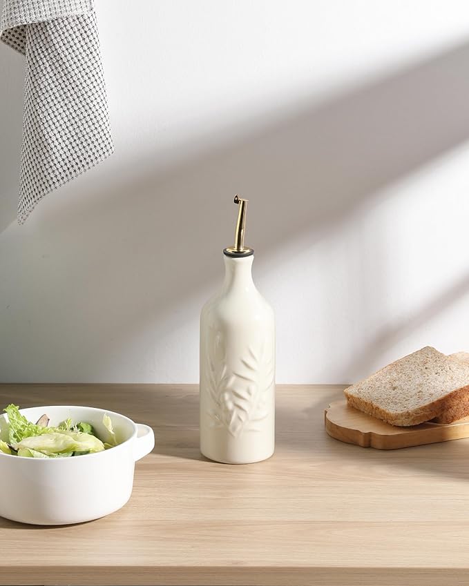 Sweejar Ceramic Olive Oil Dispenser Bottle 20 Oz Relief Opaque Oil Cruet Protects To Reduce Oxidation Suitable for Storage Vinegar, Soy Sauce, Coffee Syrup, Liquids, Set of 1 (Beige Gold Spout)-Ruum Studio Home