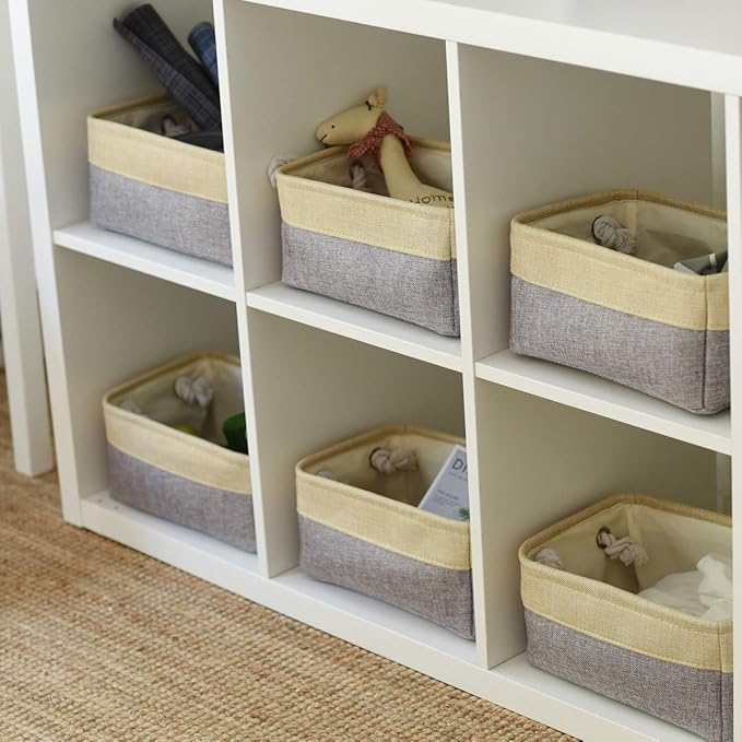 Fabric Storage Baskets for Organizing(6 Pack) Small Baskets for Shelves,storage, Laundry, Nursery, Closets, Decorative Baskets for Gifts Empty (Grey & gold, 11.8” x 7.8” x 5.1”)-Ruum Studio Home