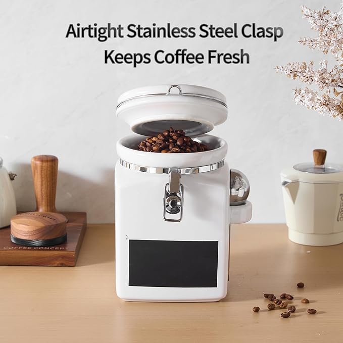 Ceramic Coffee Canister with Airtight Lid and Scoop, Large 78 Fl Oz / 2.3 L Kitchen Food Storage Container Jar for Grounds Coffee, Beans, Tea, Sugar, Flour, Cereal, Nuts, Cookie, White-Ruum Studio Home