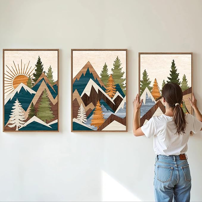 Tinonedraw Large Metal Mountain Framed Canvas Wall Art, Boho Rustic Sunrise Forest Wall Decor, 3 Piece Modern Nature Artwork, Vintage Wilderness Art Print for Living Room Bedroom Office 24"x36"x3-Ruum Studio Home