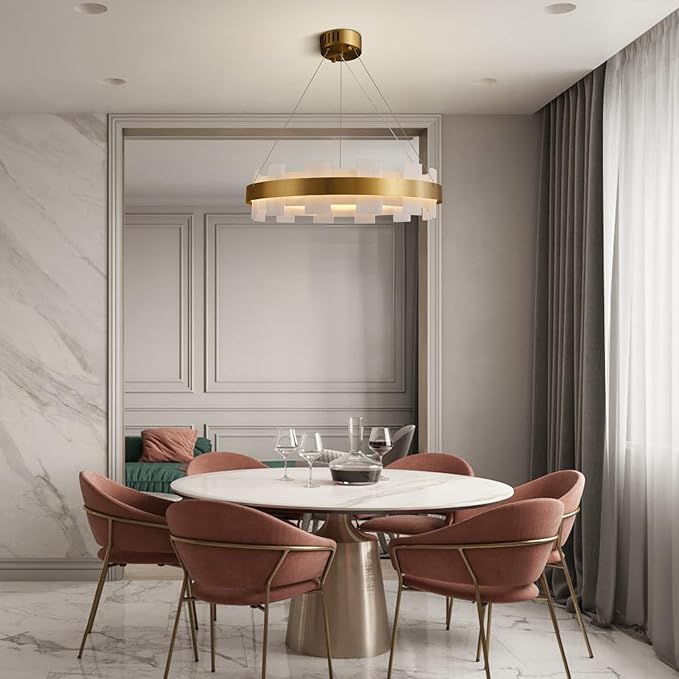 20" Natural Spanish Alabaster Round Chandelier, Adjustable Large Chandeliers for Living Room Over Table, Modern Luxury Alabaster Stone Chandelier for Drawing Room, Bedroom, Hallway, Foyer-Ruum Studio Home