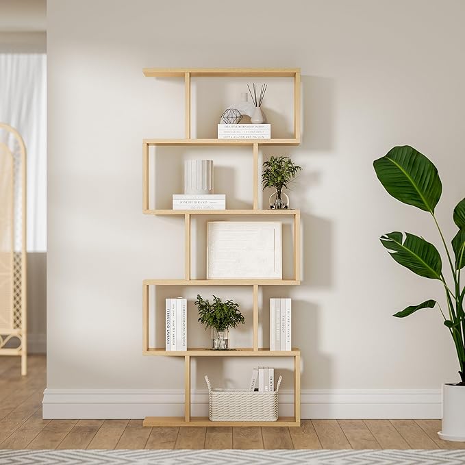 Oak 5-Tier Geometric Bookcase, S-Shaped Modern Bookshelf Set of 2, 62.6" Tall Room Divider Book Shelf, Decorative Display Shelf-Ruum Studio Home
