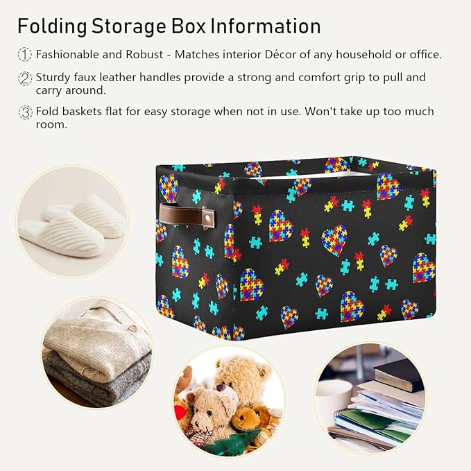 Multicolor Storage Basket Bin Autism Awareness Puzzle Pieces Heart Organizer Collapsible Shelf Cube with Handle for Nursery Bedroom Bathroom-Ruum Studio Home
