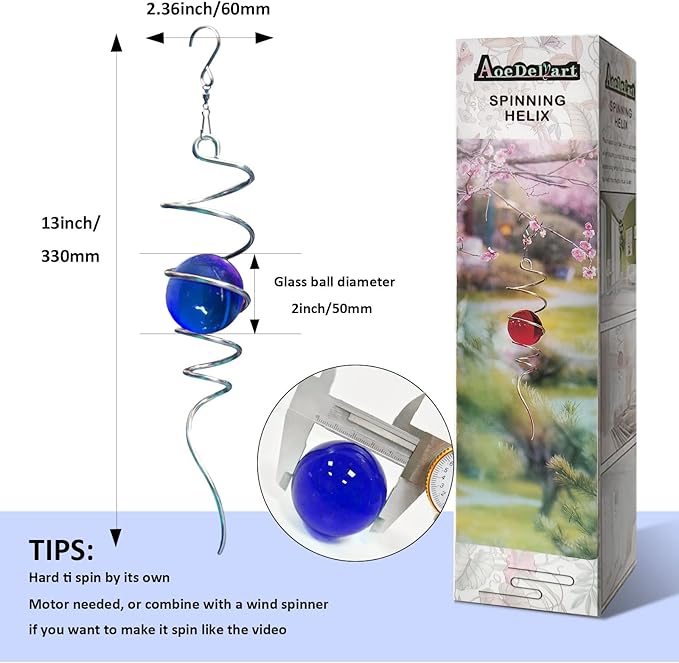 Wind Spinner Tail Gazing Ball Spiral Tail Wind Spinner Stabilizer Sun Catcher Visual Illusion in Spinning Yard Art Decor,Indoor Outdoor Garden Decoration Wind Sculptures-13 in(Dark Blue)-Ruum Studio Home