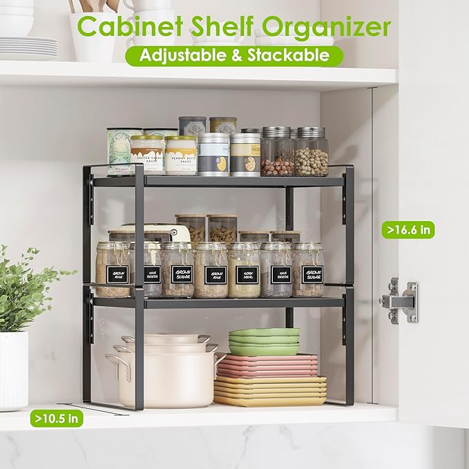 2 Pack Kitchen Countertop Organizer, Stackable Cabinet Shelf Organizer, 2 Tier Adjustable Kitchen Counter Shelves Riser For Pantry Cupboard Bathroom Organization And Storage, Desk Shelf,Spice Rack-Ruum Studio Home