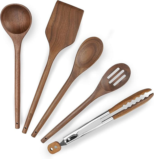 Elegant 5-Piece Walnut Wood Kitchen Utensil Set – Non-Scratch, Heat-Resistant Cooking Utensil Set with Kitchen Tongs, Spoons, Spatula & Ladle – Lightweight, Durable & Perfect for Daily Use or Gifting-Ruum Studio Home