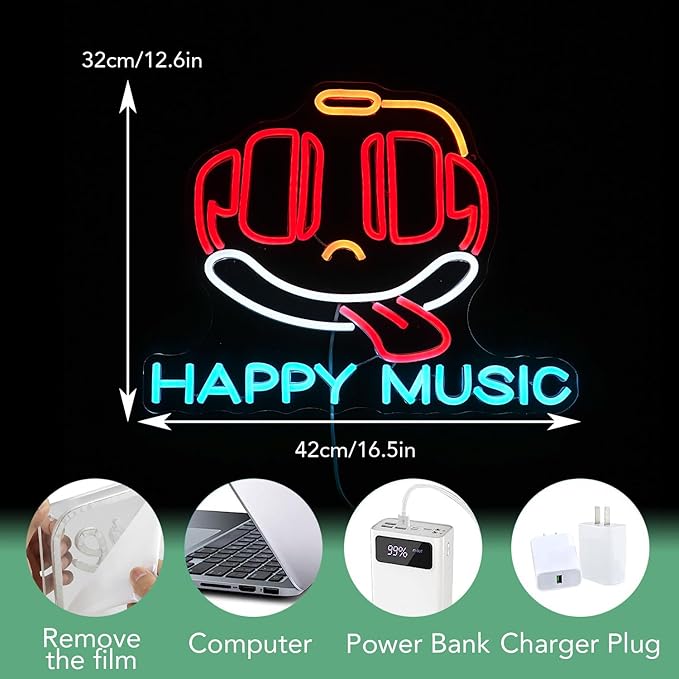 Headphone Neon Sign Dimmable Led Happy Music Neon Light for Wall Decor USB Cute Headset Figure Neon Light Sign for Music Studio Bar Live Music Party Bedroom-Ruum Studio Home