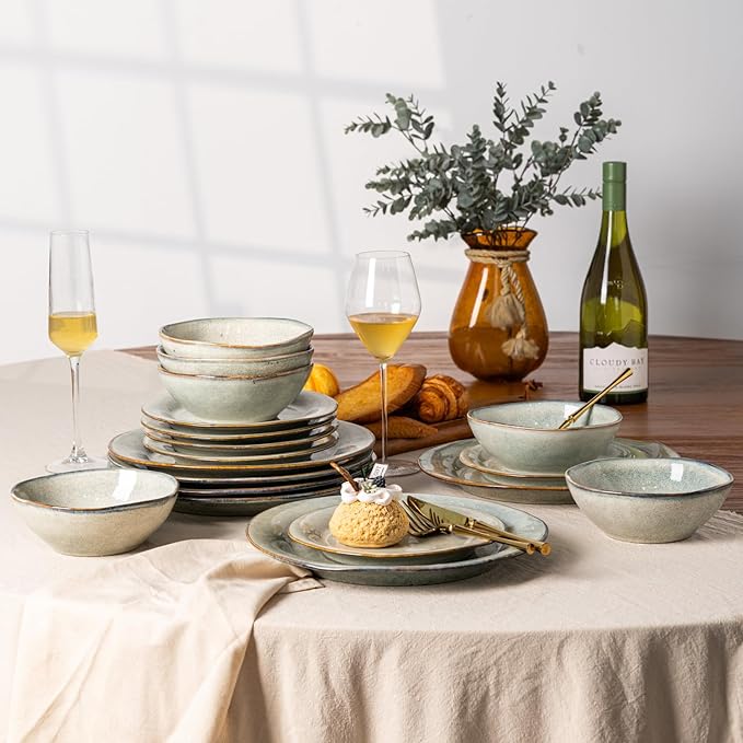 AmorArc Ceramic Dinnerware Sets, Handmade Stoneware Reactive Glaze Plates and Bowls Set, Scratch Resistant | Dishwasher & Microwave Safe Dishes Set, Service for 4 (12pc)-Ruum Studio Home