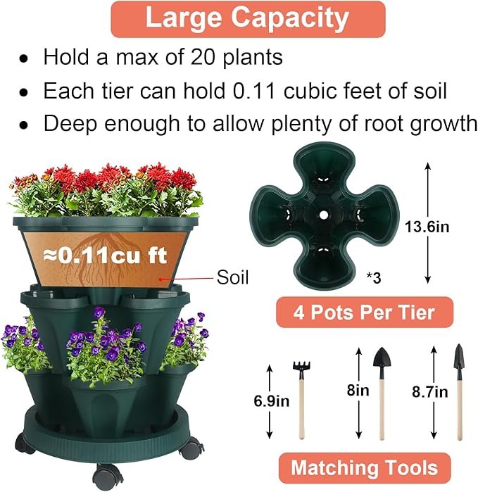 Vertical Planter 3 Tier Stackable Planters Garden Planters Strawberry Herb Flower and Vegetable Planter Indoor Outdoor Gardening Pots with Removable Wheels and Tools 2-Pack-Ruum Studio Home